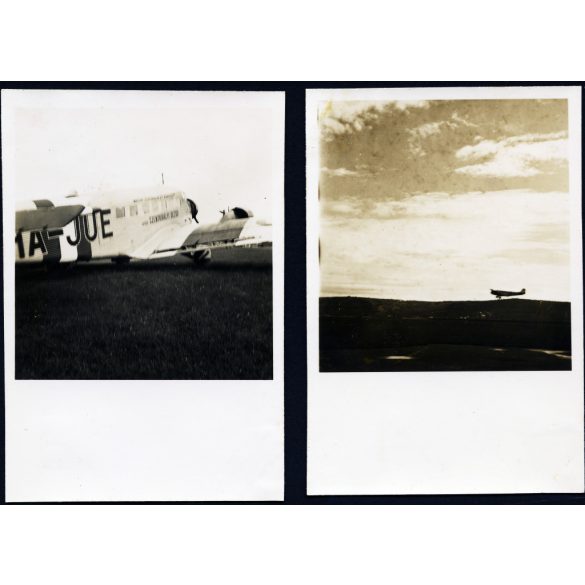 2 darab fotó, Junkers repülőgép vitéz Szentkirályi Dezső felitattal, Budaörs, Magyar Légiforgalmi Rt., repülőtér, HA-JUE lajstromjel, jármű, közlekedés, Horthy-korszak, 1930-as évek, Eredeti fotó, papírkép. 