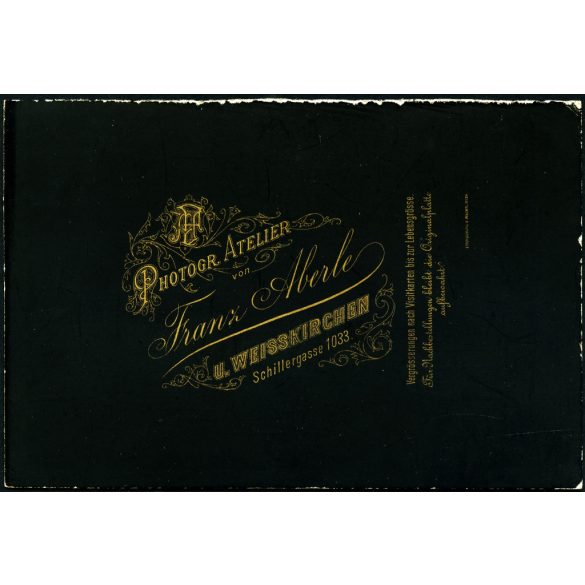 Franz Aberle műterme, Weisskirchen, Fehértemplom, (Vajdaság), Dalnoki Béni operaénekes (?), színész, művész, különös, helytörténet, monarchia, 1880-as évek, Eredeti kabinetfotó, ritka műterem, oldala vágott.  