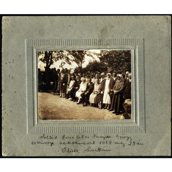 Nagyobb méret, Soltész Erzsébet és Smajda György esküvője, Olaszliszka, menyasszony, vőlegény, Borsod, helytörténet, 1929, 1920-as évek, Horthy-korszak, Eredeti kartonra kasírozott fotó, feliratozott papírkép. 