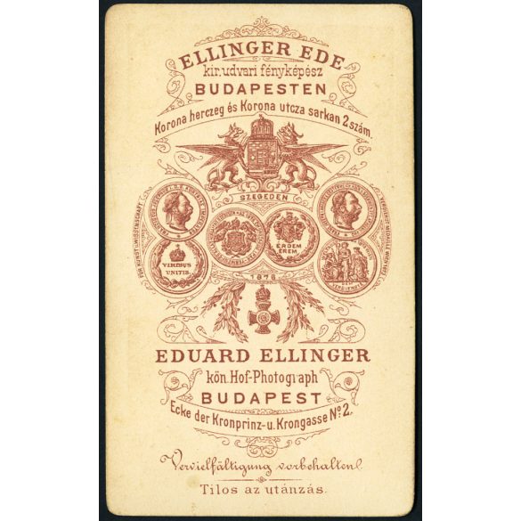 Ellinger Ede műterme, Budapest, elegáns fiatal szakállas férfi portréja, nyakkendő, kitűző, monarchia, 1870-es évek, Eredeti CDV, vizitkártya fotó.   