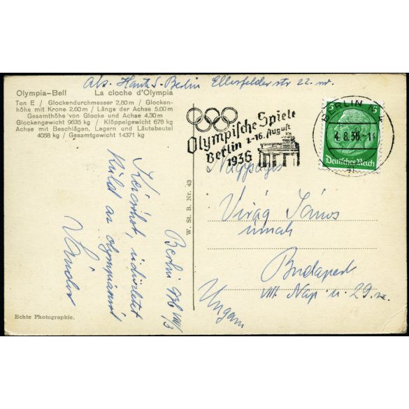 Az olimpiai harang, Berlin, Németország, birodalmi sas, náci, olimpiai játékok, 1936, 1930-as évek, Horthy-korszak, Eredeti képeslap fotó, papírkép, különleges postai bélyegzővel.   