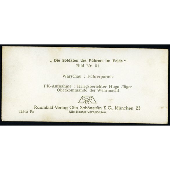 Német győzelmi katonai parádé,  Varsó, Lengyelország, német katonai vezetők, lovas katonák, horogkereszt, náci egyenruha, 2. világháború, Horthy-korszak, 1939, 1930-as évek, Eredeti sztereó fotó, hátulján feliratozott gyűjteményes papír