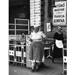 Szendrő István jelzetlen fotónegatívja, Pápa Zoltán és Pápa Zoltánné Ferenc körút 10. szám alatti tejivó-vendéglő-kávézója, Budapest, vendéglátás, újságok pincér, pincérnő, üzletek, kirakatok, feliratok, Horthy-korszak, 1930-as évek,  Eredeti nagymér