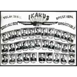   Ikarus Szocialista Brigád, Budapest, tablókép, Kelemen Ferenc brigádtagnak címezve, Volán 20 vállalat, közlekedéstörténet,  1974., 1970-es évek, szocializmus, Eredeti fotó, pecséttel jelzett papírkép. 