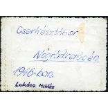 Cserkésztábor, Nógrádverőce, egyenruha, Lukács Miklós, 1946., 1940-es évek, átmeneti korszak, Eredeti fotó, hátulján feliratozott papírkép, középen törésnyom.  