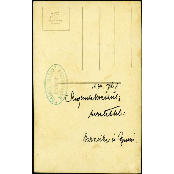Balogh István fényképész műterme, Martonvásár, esküvő, menyasszony, vőlegény, , különös háttér, virág, ünnep, 1934, 1930-as évek, Horthy-korszak, Eredeti fotó, hátulján feliratozott, pecséttel jelzett papírkép törésnyommal.