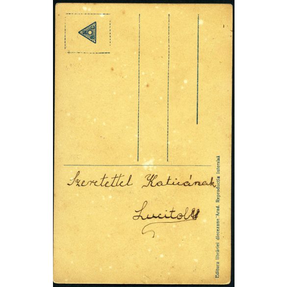 Lány román népviseletben, Arad (Erdély), ékszer, bocskor, 1920-as évek, Horthy-korszak, Eredeti feliratozott, kézzel színezett képeslap fotó, papírkép.   