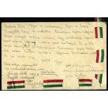 Egy 1. világháborús lap jól olvasható írással, Budapestre címezve, 1916, 1910-es évek, monarchia, Eredeti nemzetiszínű szalaggal  díszített levelezőlap, ritka.  