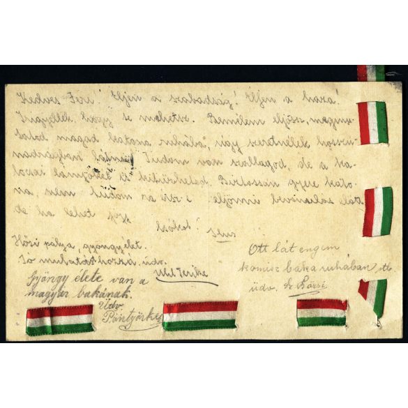 Egy 1. világháborús lap jól olvasható írással, Budapestre címezve, 1916, 1910-es évek, monarchia, Eredeti nemzetiszínű szalaggal  díszített levelezőlap, ritka.  