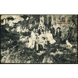 Kirándulók a vízesésnél, Alsóvidra, Erdély, puska, kutya, Csiky Testvérek kiadása, Topánfalva, 1910-es évek, monarchia, Eredeti képeslap-fotó. .  
