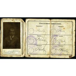   A Kossuth Főgimnázium Tanintézet igazolása, Cegléd, Horthy- korszak, 1920-as évek, Eredeti pecsétekkel, Magyar Államvasutak mélynyomó pecséttel jelzett kihajtható igazolvány beragasztott CDV, vizitkártya fotóval. 