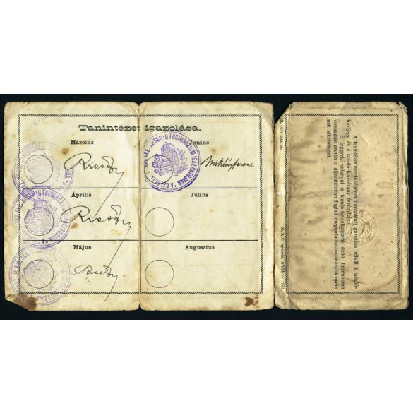 A Kossuth Főgimnázium Tanintézet igazolása, Cegléd, Horthy- korszak, 1920-as évek, Eredeti pecsétekkel, Magyar Államvasutak mélynyomó pecséttel jelzett kihajtható igazolvány beragasztott CDV, vizitkártya fotóval. 