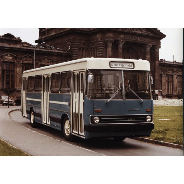 Nagyobb méret, Ikarus 260 autóbusz  trópusi kivitel, Budapest, Széchenyi fürdő, jármű, közlekedés, szocializmus, 1970-es évek, Eredeti fotó, hátulján feliratozott gyári papírkép.