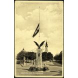 Országzászló, Nagykanizsa, város, templom, jármű, közlekedés, 1940-es évek, Horthy-korszak, Eredeti képeslap fotó, papírkép ceruzanyomokkal. 