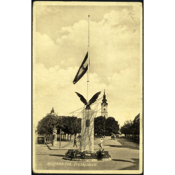 Országzászló, Nagykanizsa, város, templom, jármű, közlekedés, 1940-es évek, Horthy-korszak, Eredeti képeslap fotó, papírkép ceruzanyomokkal. 
