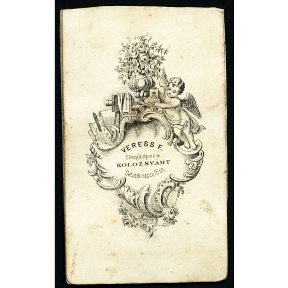 Veress Ferenc műterme, Kolozsvár, Erdély, elegáns család magyaros ruhában, Stein János könyvkereskedő, monarchia, 1860-as évek, Eredeti CDV, vizitkártya fotósarka hiányos, sérült, széle vágott.  