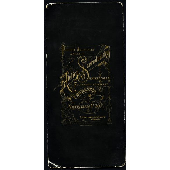 Nagyobb méret, Szeredniczky Nándor műterme, Budapest, magyarországi nemes férfi díszruhában, díszmagyar (?), kard, bajusz, monarchia, 1880-as évek, Eredeti kabinetfotó, sarkai sérültek. 
