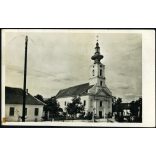 Fő tér a katolikus templommal, Bácsszentiván, Vajdaság, vallás, egyház, Délvidék, 1944., 1940-es évek, Horthy-korszak,. Eredeti képeslap fotó, hátulján feliratozott papírkép.