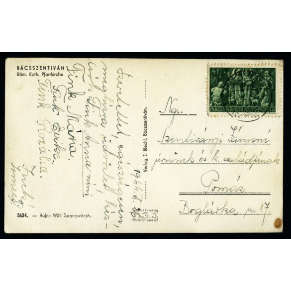 Fő tér a katolikus templommal, Bácsszentiván, Vajdaság, vallás, egyház, Délvidék, 1944., 1940-es évek, Horthy-korszak,. Eredeti képeslap fotó, hátulján feliratozott papírkép.