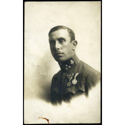   Magyar távírász őrmester egyenruhában, érdemrendekkel, 1. világháború, katona,  1910-es évek, monarchia,. Eredeti fotó, papírkép. 