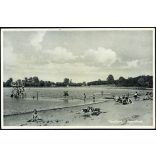 Strandfürdő fürdőzőkkel, Tiszafüred, fürdőruha, nyaralás, kirándulás, helytörténet, Goldstein Adolf papírkereskedő kiadása, 1930-as évek, Horthy-korszak, Eredeti képeslap fotó, papírkép. 