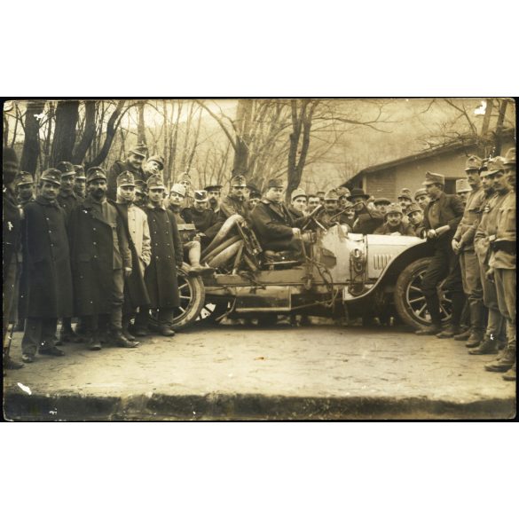 Magyar Királyi Önkéntes Gépkocsizó-testület (?), magyar katonák autóval, 1. világháború, egyenruha, jármű, közlekedés, 1910-es évek, monarchia, Eredeti fotó, papírkép.  