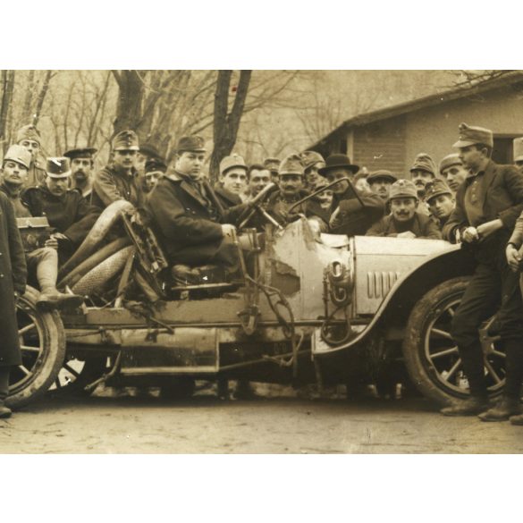 Magyar Királyi Önkéntes Gépkocsizó-testület (?), magyar katonák autóval, 1. világháború, egyenruha, jármű, közlekedés, 1910-es évek, monarchia, Eredeti fotó, papírkép.  